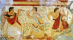6694. Etruscan tomb painting of musicians and dancers