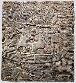 6872. Assyrian soldier with captives on a reed boat